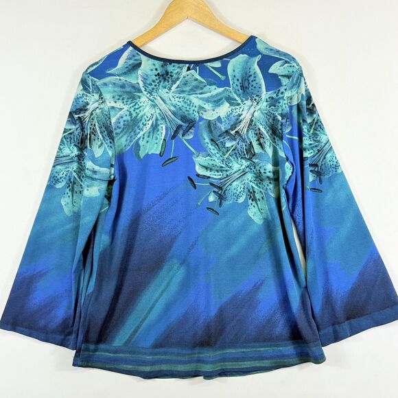 Bob Mackie Wearable‎ Art Blue Floral 3/4 Flare Sleeve Shirt Top Women's Small - Picture 4 of 6